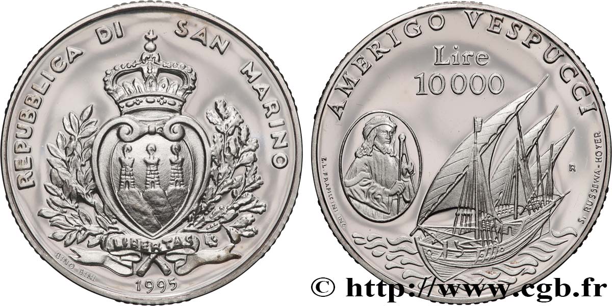 SAN MARINO 10000 Lire Proof Amerigo Vespuci 1995 Rome MS 