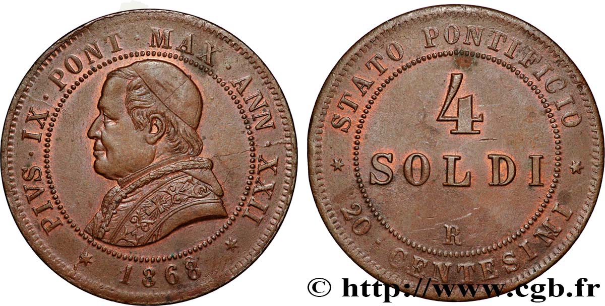 ITALIA - ESTADOS PONTIFICOS - PIE IX (Giovanni Maria Mastai Ferrettii) 4 Soldi (20 Centesimi) an XXII 1868 Rome EBC 