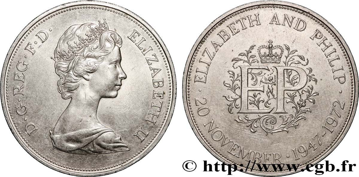 ROYAUME-UNI 25 New Pence (1 Crown) 25e anniversaire de mariage d’Elisabeth II 1972  SUP 