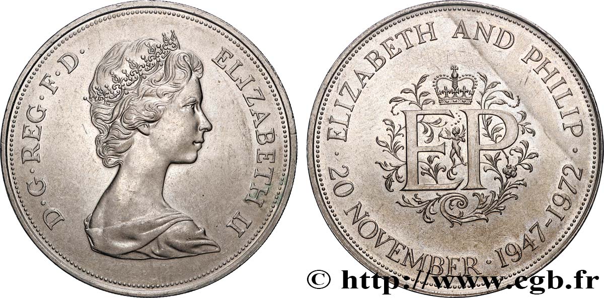 ROYAUME-UNI 25 New Pence (1 Crown) 25e anniversaire de mariage d’Elisabeth II 1972  SUP 