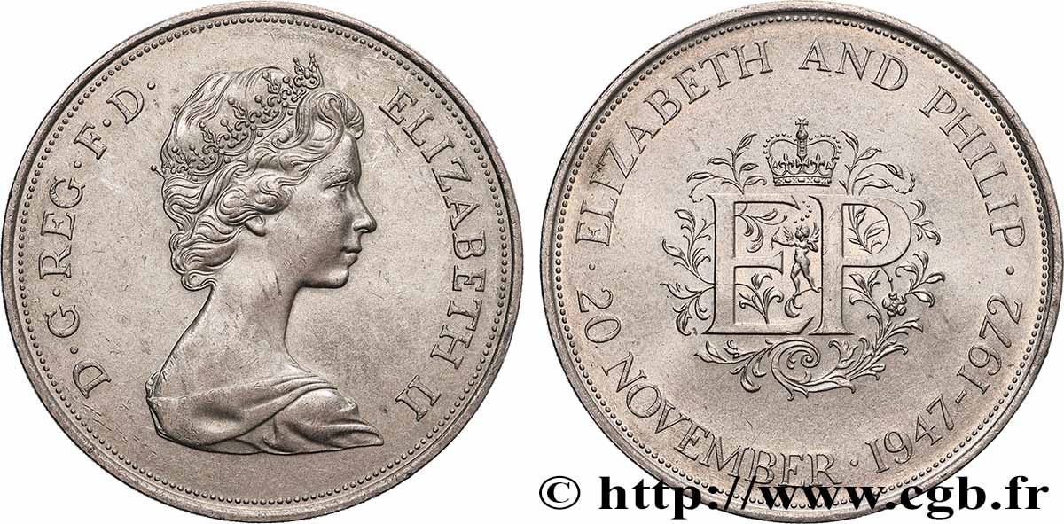 ROYAUME-UNI 25 New Pence (1 Crown) 25e anniversaire de mariage d’Elisabeth II 1972  SUP 