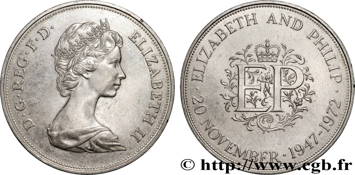 ROYAUME-UNI 25 New Pence (1 Crown) 25e anniversaire de mariage d’Elisabeth II 1972  SUP 