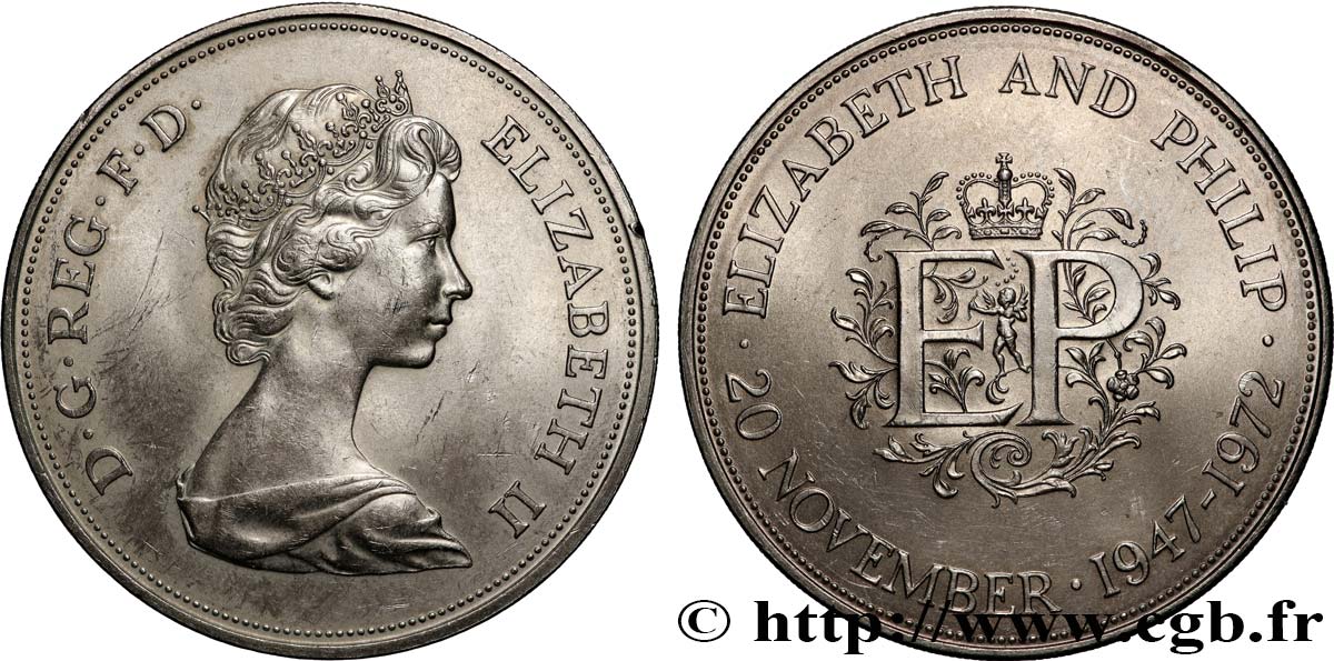 ROYAUME-UNI 25 New Pence (1 Crown) 25e anniversaire de mariage d’Elisabeth II 1972  SUP 