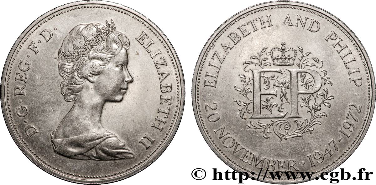 ROYAUME-UNI 25 New Pence (1 Crown) 25e anniversaire de mariage d’Elisabeth II 1972  SUP 