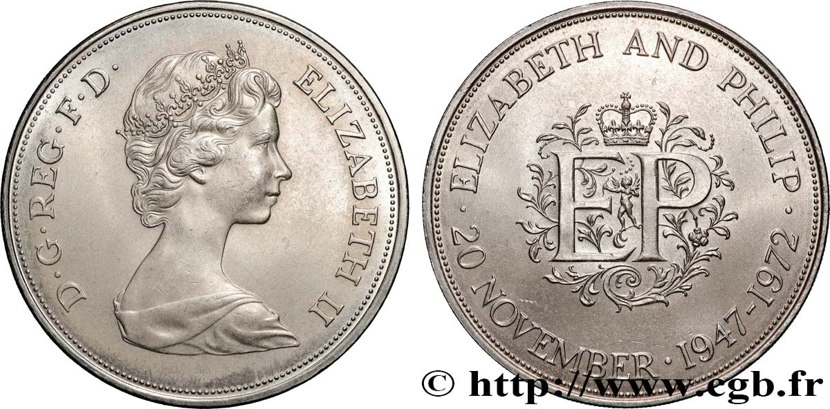 ROYAUME-UNI 25 New Pence (1 Crown) 25e anniversaire de mariage d’Elisabeth II 1972  SUP 