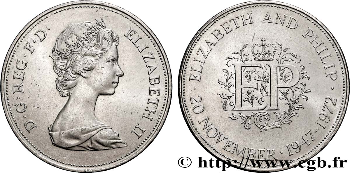 ROYAUME-UNI 25 New Pence (1 Crown) 25e anniversaire de mariage d’Elisabeth II 1972  SUP 