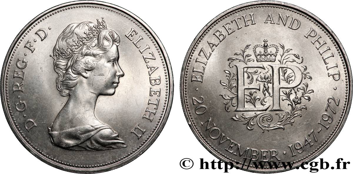 ROYAUME-UNI 25 New Pence (1 Crown) 25e anniversaire de mariage d’Elisabeth II 1972  SUP 