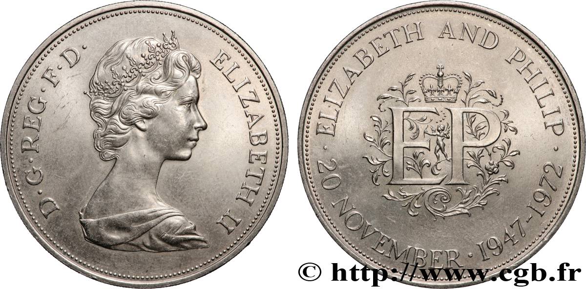 ROYAUME-UNI 25 New Pence (1 Crown) 25e anniversaire de mariage d’Elisabeth II 1972  SUP 