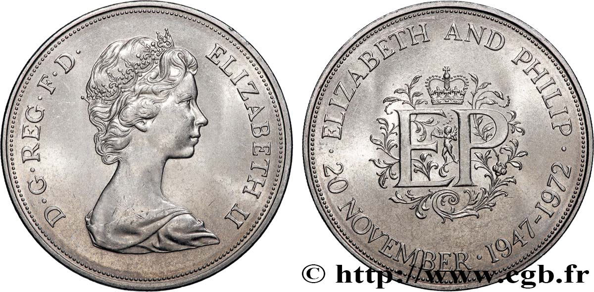 UNITED KINGDOM 25 New Pence (1 Crown) 25e anniversaire de mariage d’Elisabeth II 1972  AU 