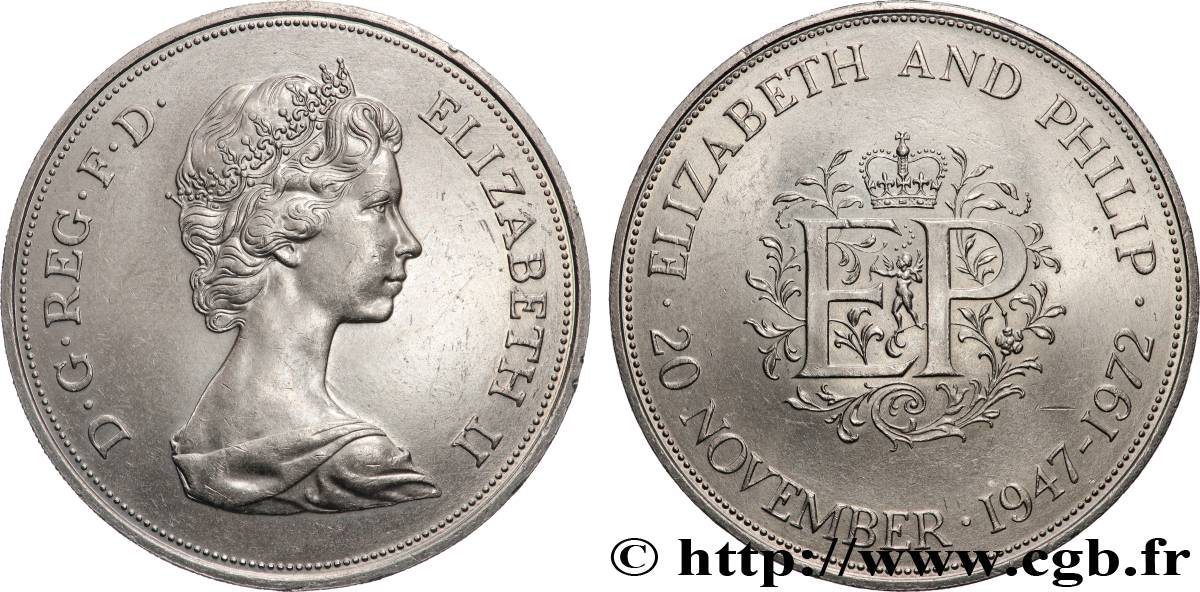 VEREINIGTEN KÖNIGREICH 25 New Pence (1 Crown) 25e anniversaire de mariage d’Elisabeth II 1972  VZ 