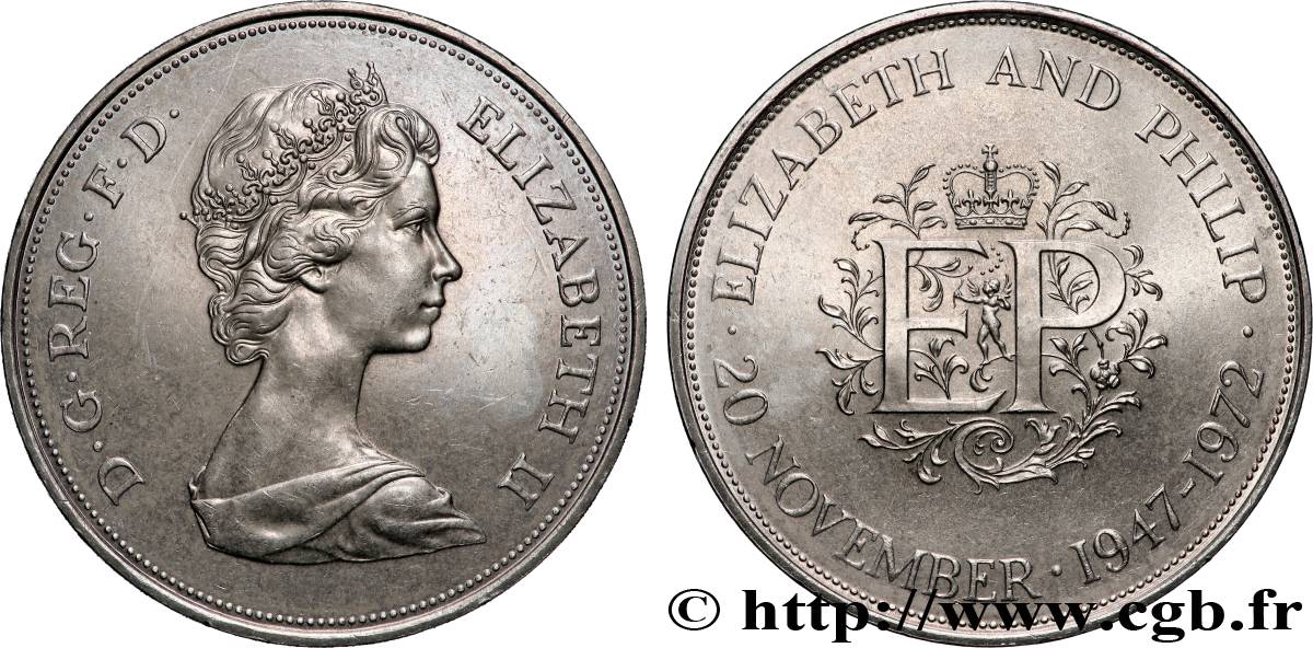 ROYAUME-UNI 25 New Pence (1 Crown) 25e anniversaire de mariage d’Elisabeth II 1972  SUP 