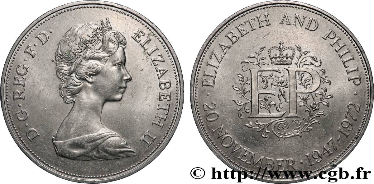 ROYAUME-UNI 25 New Pence (1 Crown) 25e anniversaire de mariage d’Elisabeth II 1972  SUP 