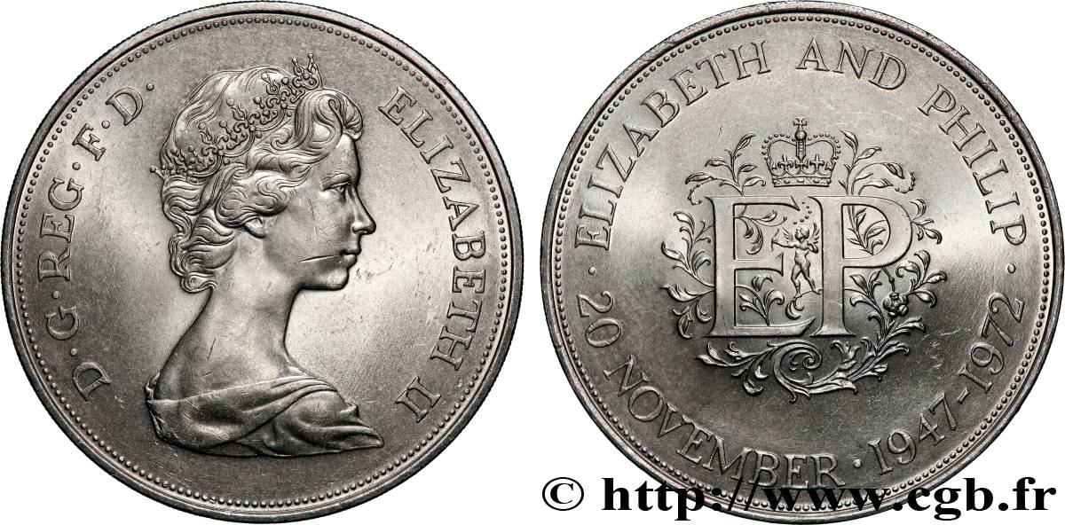 ROYAUME-UNI 25 New Pence (1 Crown) 25e anniversaire de mariage d’Elisabeth II 1972  SUP 