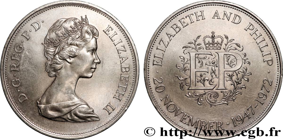 ROYAUME-UNI 25 New Pence (1 Crown) 25e anniversaire de mariage d’Elisabeth II 1972  SUP 