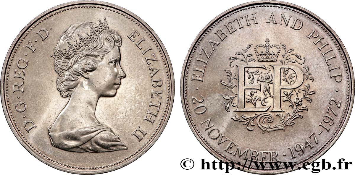 ROYAUME-UNI 25 New Pence (1 Crown) 25e anniversaire de mariage d’Elisabeth II 1972  SUP 