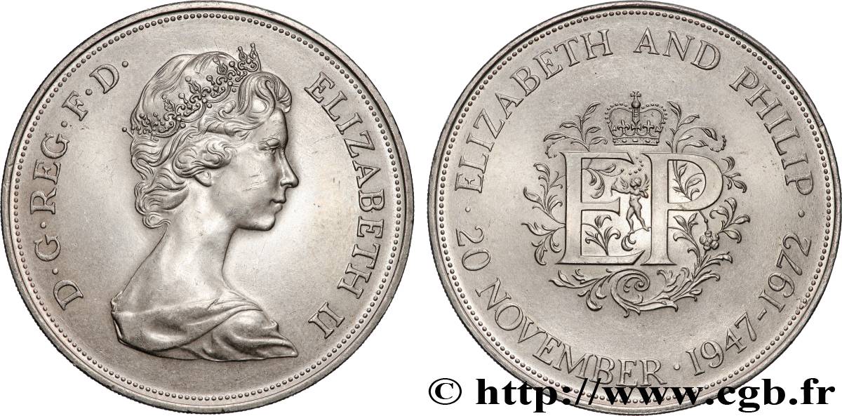 ROYAUME-UNI 25 New Pence (1 Crown) 25e anniversaire de mariage d’Elisabeth II 1972  SUP 