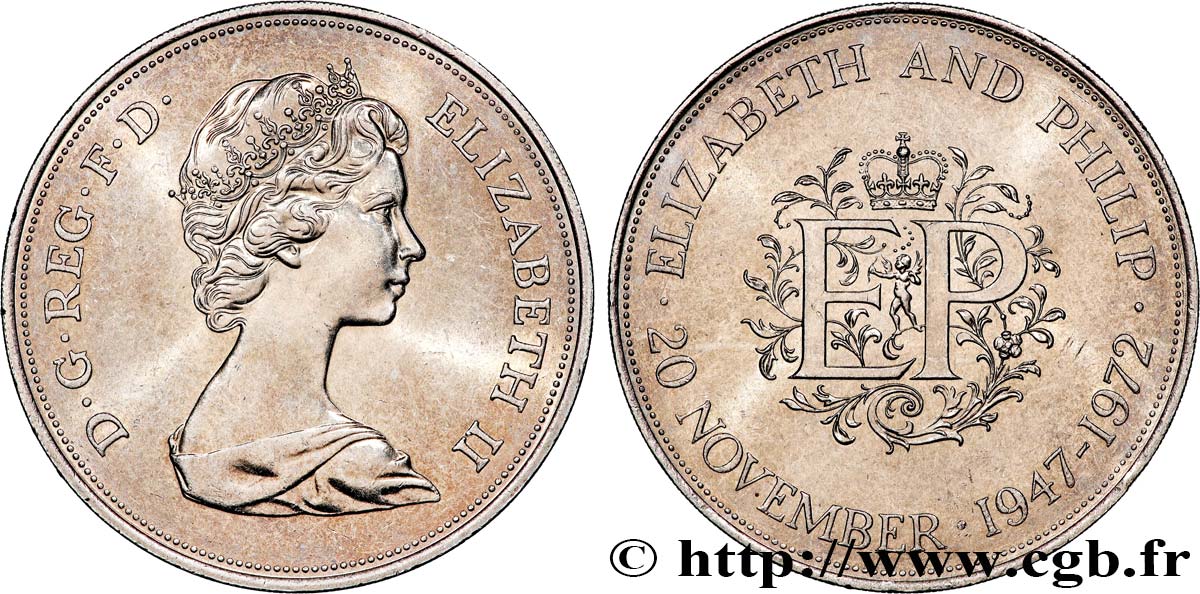 ROYAUME-UNI 25 New Pence (1 Crown) 25e anniversaire de mariage d’Elisabeth II 1972  SUP 