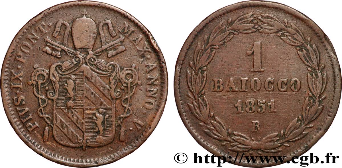 VATIKANSTAAT UND KIRCHENSTAAT 1 Baiocco Pie IX an VI 1851 Rome fSS 