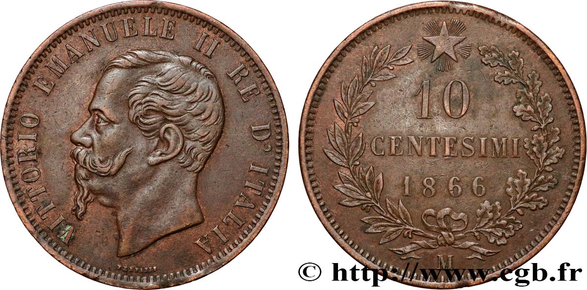 ITALY 10 Centesimi Victor Emmanuel II 1866 Milan AU 