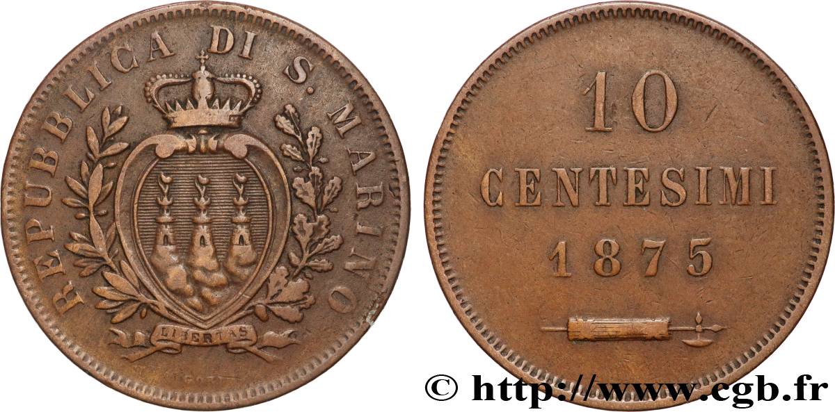 SAINT-MARIN 10 Centesimi écu aux trois tours 1875 Milan TTB 