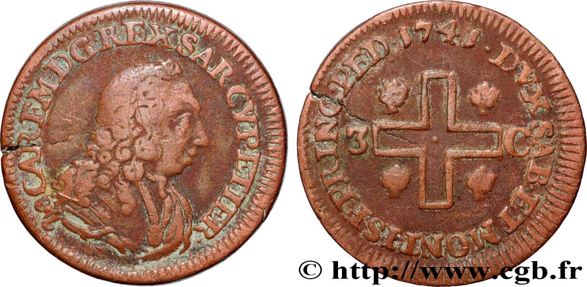 ITALIE - ROYAUME DE SARDAIGNE - CHARLES-EMMANUEL III 3 Cagliaresi 1741 Turin TB+ 