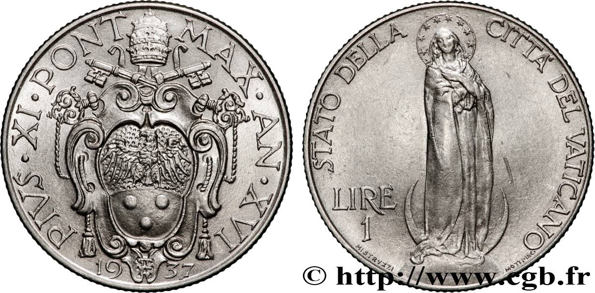 VATICAN ET ÉTATS PONTIFICAUX 1 Lire Pie XI an XVI 1937 Rome TTB+ 