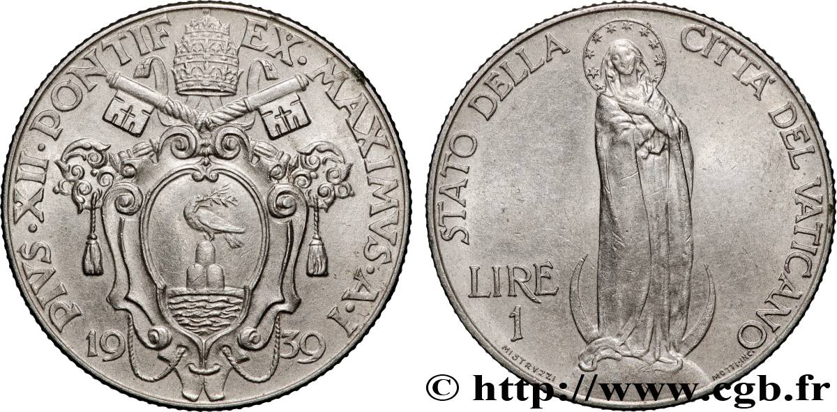 VATICAN ET ÉTATS PONTIFICAUX 1 Lire frappe au nom de Pie XII an I 1939 Rome TTB+ 