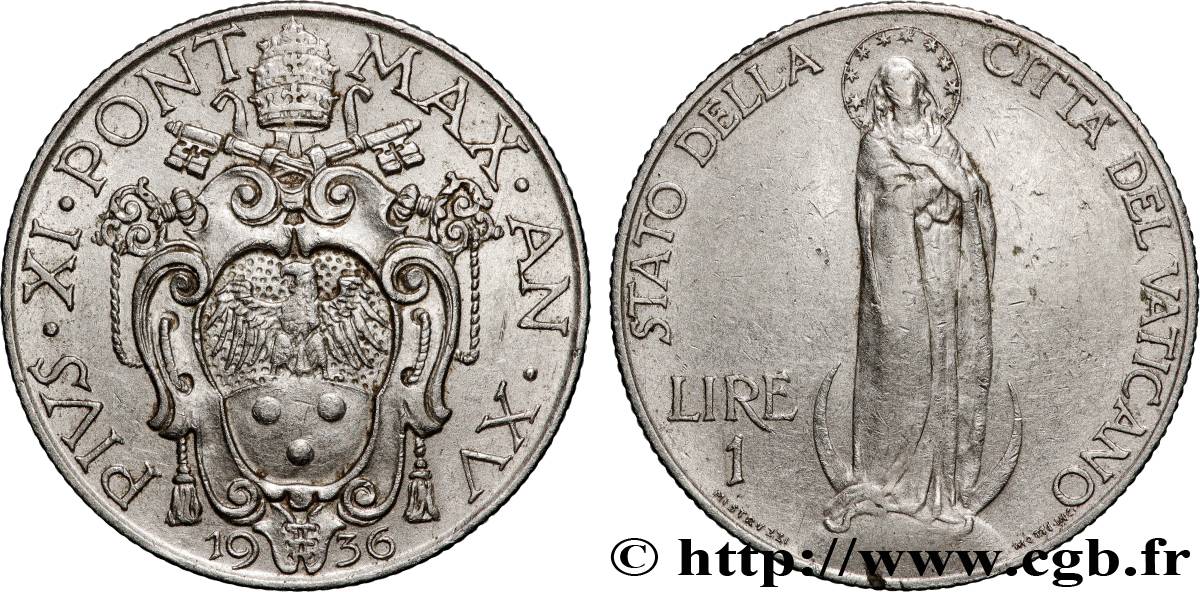 VATICANO Y ESTADOS PONTIFICIOS 1 Lire frappe au nom de Pie XI an XV / Vierge sur un globe 1936 Rome MBC+ 