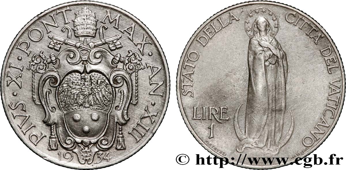 VATICANO Y ESTADOS PONTIFICIOS 1 Lire frappe au nom de Pie XI an XIII 1934 Rome MBC+ 