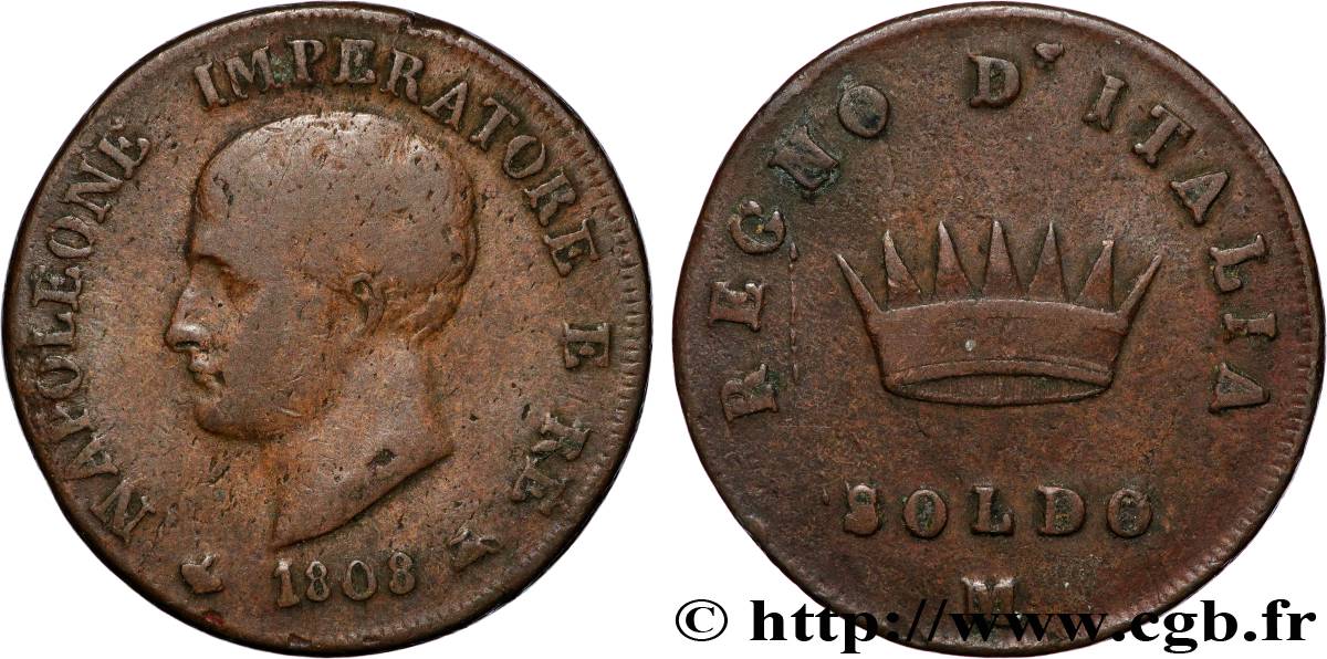 ITALIA - REGNO D ITALIA - NAPOLEONE I 1 Soldo 1808 Milan q.BB 