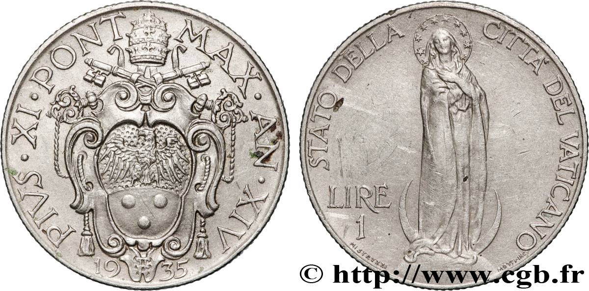 VATICAN ET ÉTATS PONTIFICAUX 1 Lire frappe au nom de Pie XI an XIV / Vierge sur un globe 1935 Rome TTB+ 