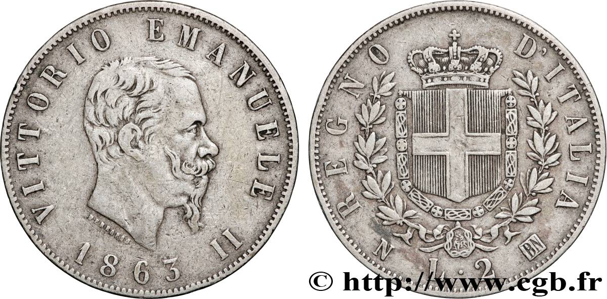 ITALIE 2 Lire Victor Emmanuel II 1863 Naples TTB 