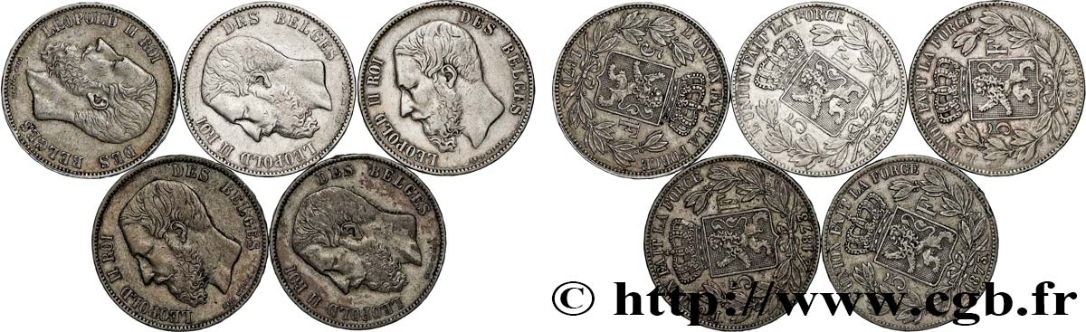 ARGENTO INVESTIMENTO Lot de 5 monnaies de 5 Francs Léopold II 1867-1876  MB 