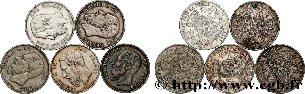 ARGENT D INVESTISSEMENT Lot de 5 monnaies de 5 Francs Léopold II 1867-1876  TB 