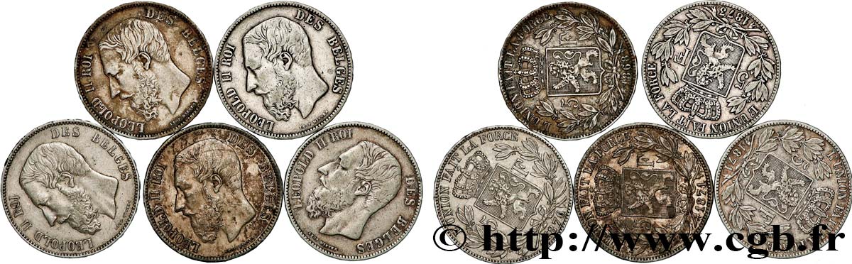 ARGENT D INVESTISSEMENT Lot de 5 monnaies de 5 Francs Léopold II 1867-1876  TB 