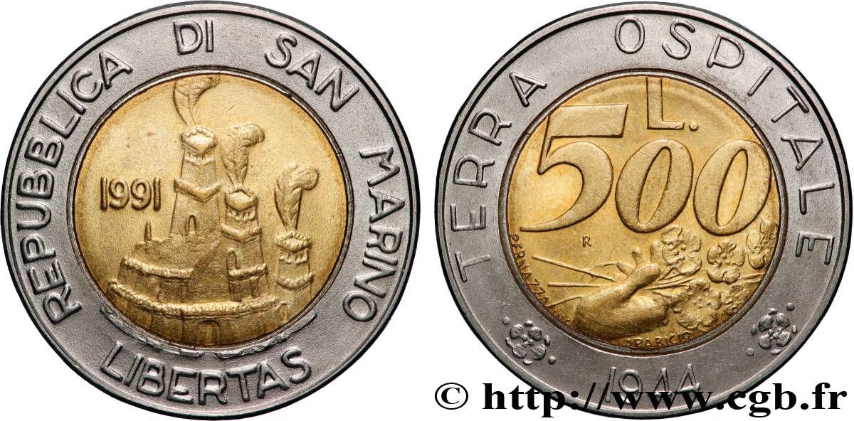 SAN MARINO 500 Lire Terre de refuge en 1944 1991 Rome - R AU 