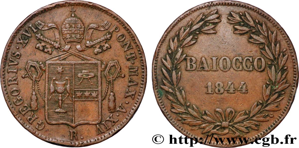 ITALIE - ÉTATS DU PAPE - GRÉGOIRE XVI (Bartolomeo Alberto Cappellari) 1 Baiocco an XIV 1844 Rome TTB 