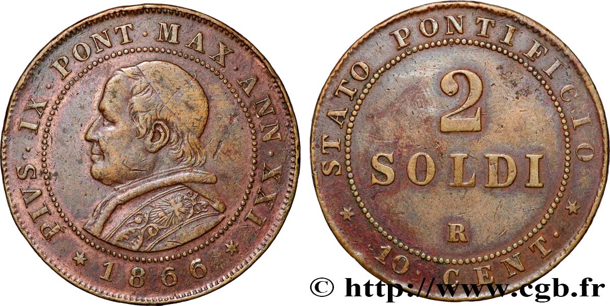 ITALY - PAPAL STATES - PIUS IX (Giovanni Maria Mastai Ferretti) 2 Soldi an XXI 1866 Rome XF 