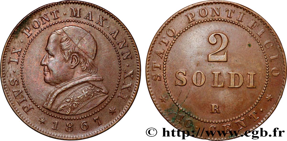 VATICAN ET ÉTATS PONTIFICAUX 2 Soldi (10 Centesimi) Pie IX an XXI 1867 Rome TTB 