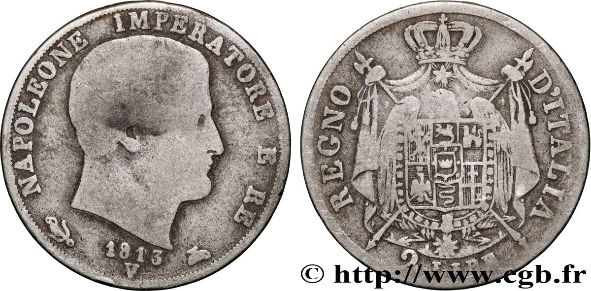 ITALIA - REINO DE ITALIA - NAPOLEóNE I 2 Lire 1813 Venise BC/BC+ 