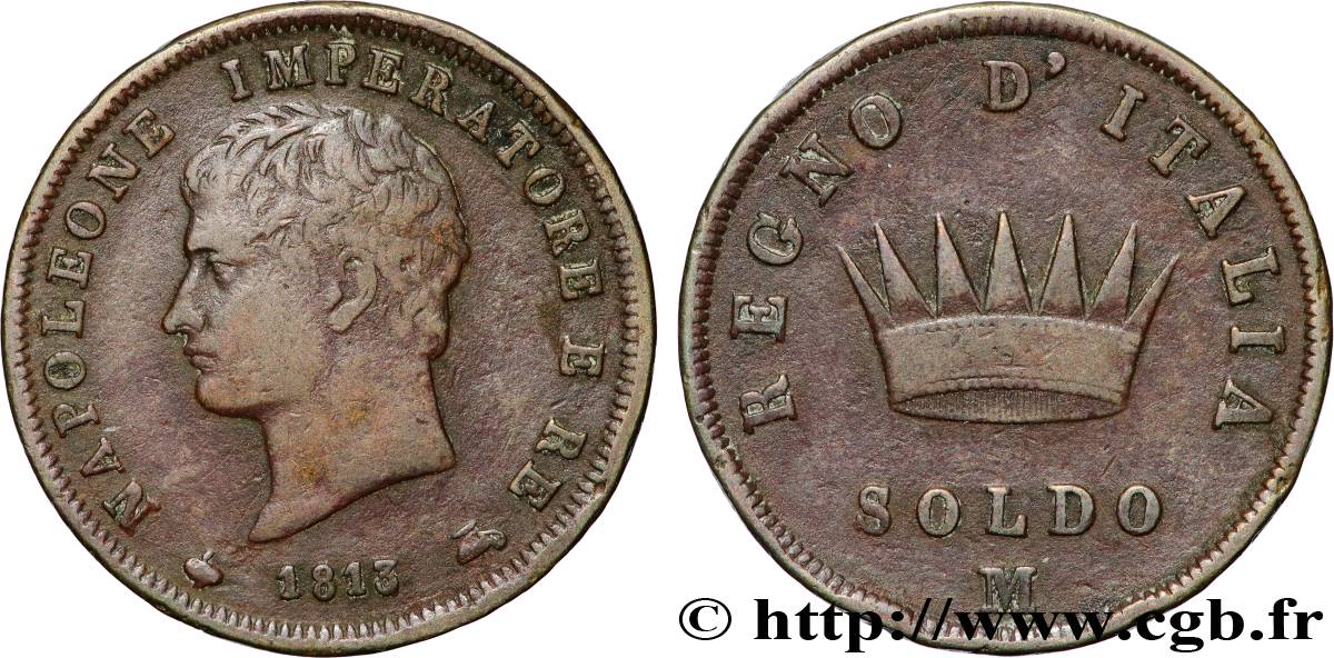 ITALIA - REGNO D ITALIA - NAPOLEONE I 1 Soldo  1813 Milan BB 