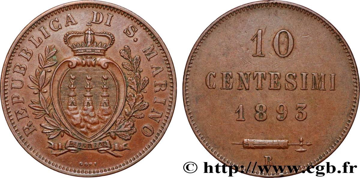 SAN MARINO 10 Centesimi 1893 Rome AU 