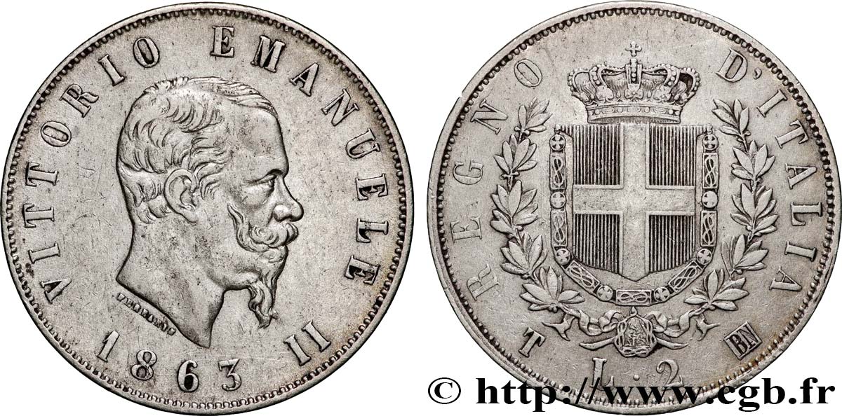 ITALIE 2 Lire Victor-Emmanuel II 1863 Turin TTB 