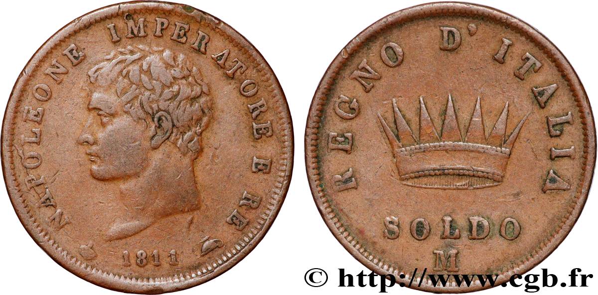 ITALY - KINGDOM OF ITALY - NAPOLEON I 1 Soldo 1811 Milan XF 