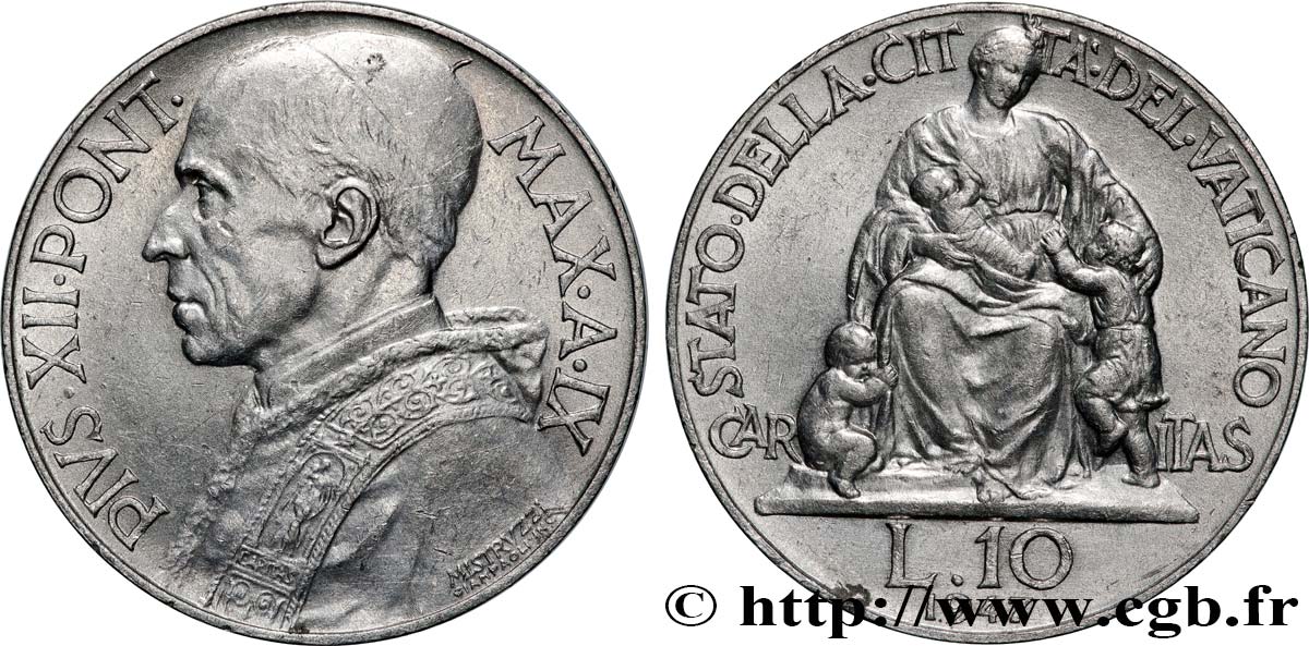 VATICAN ET ÉTATS PONTIFICAUX 10 Lire Pie XII an IX 1947  SUP 