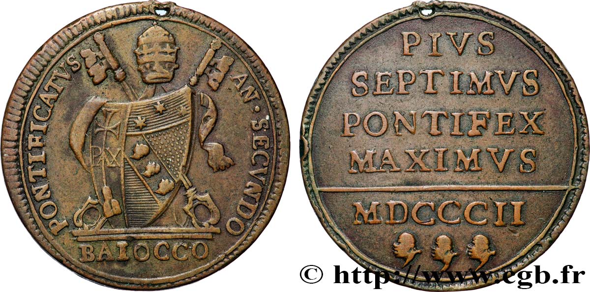 ITALIE - ÉTATS DU PAPE - PIE VII (Barnaba Chiaramonti) 1 Baiocco 1802 Rome TTB 