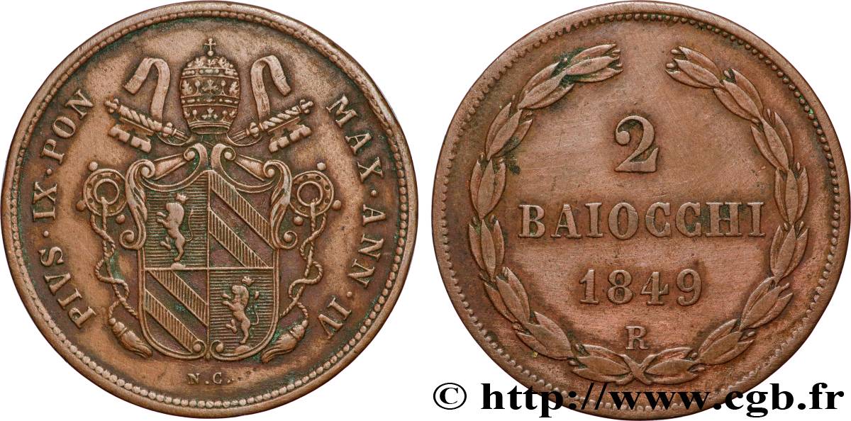 VATICANO Y ESTADOS PONTIFICIOS 2 Baiocchi Pie XI an IV 1849 Rome MBC 