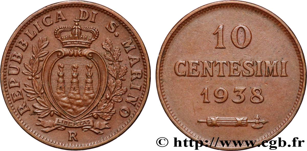 SAN MARINO 10 Centesimi 1938 Rome - R AU 