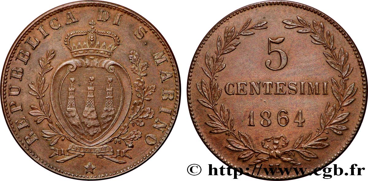 SAINT-MARIN 5 Centesimi écu aux trois tours 1864 Milan - M TTB 