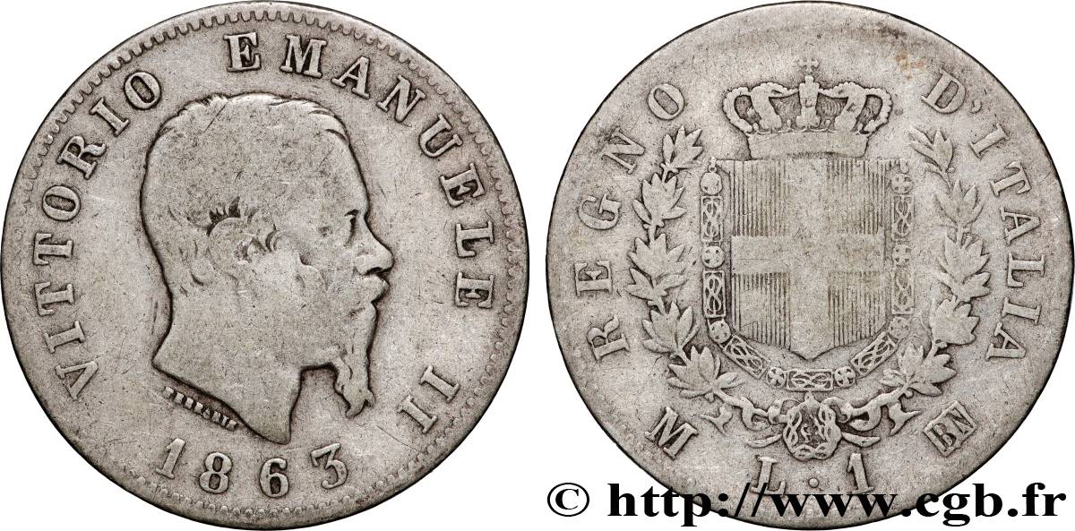 ITALIA 1 Lire Victor Emmanuel II 1863 Milan MB 